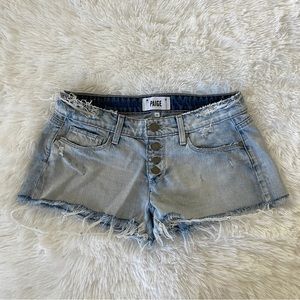 Paige distressed low waist light blue denim jean short shorts size 25